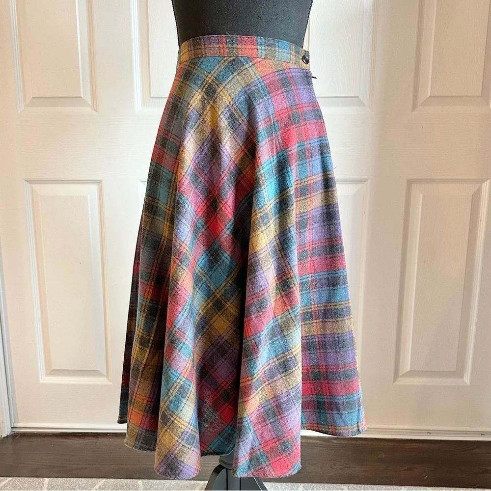 Daniel Place Vintage A-line Pink Teal Purple Mustard Wool Blend Plaid Skirt - Picture 1 of 5